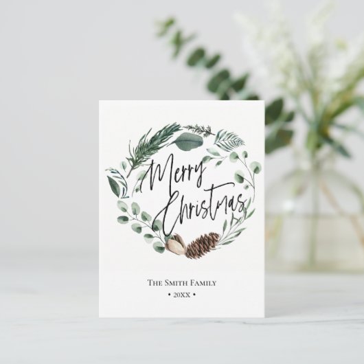 Elegant Green Pine Cone Foliage Wreator Waterverf Feestdagenkaart (Staand voorkant)