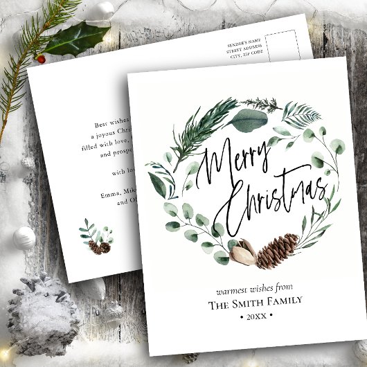 Elegant Green Pine Cone Foliage Wreator Waterverf Feestdagenkaart
