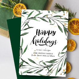 Elegant Green Pine Foliage Gold Confetti Greenery Feestdagenkaart