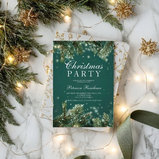 Elegant green pine snowy Holiday Christmas party Kaart