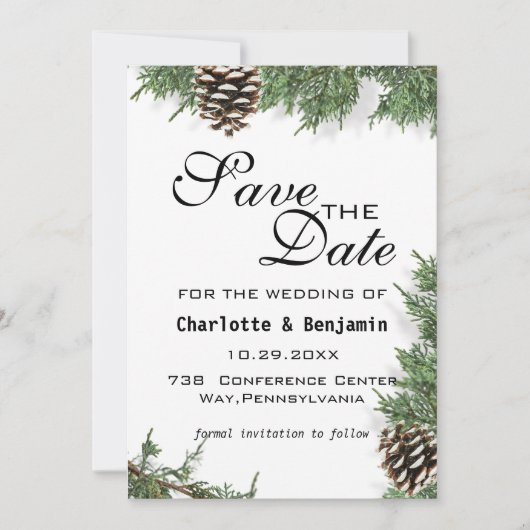 Elegant Green Pine Tree Winter Save the Date (Voorkant)