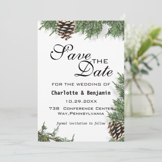 Elegant Green Pine Tree Winter Save the Date (Staand voorkant)