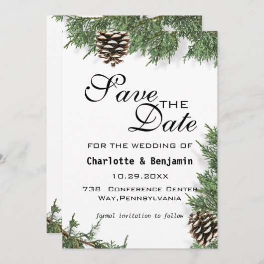 Elegant Green Pine Tree Winter Save the Date (Voorkant / Achterkant)