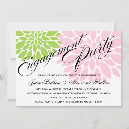 Elegant Green Pink Floral Burst Engagement Party Kaart (Voorkant)