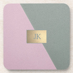 Elegant Green Pink Leather Monogram Bier Onderzetter
