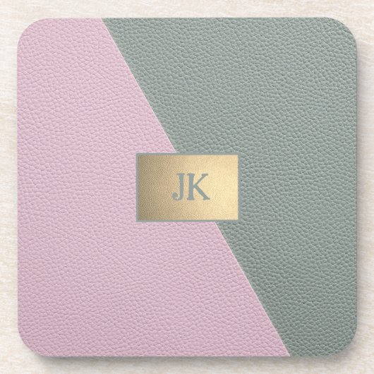 Elegant Green Pink Leather Monogram Bier Onderzetter (Voorkant)
