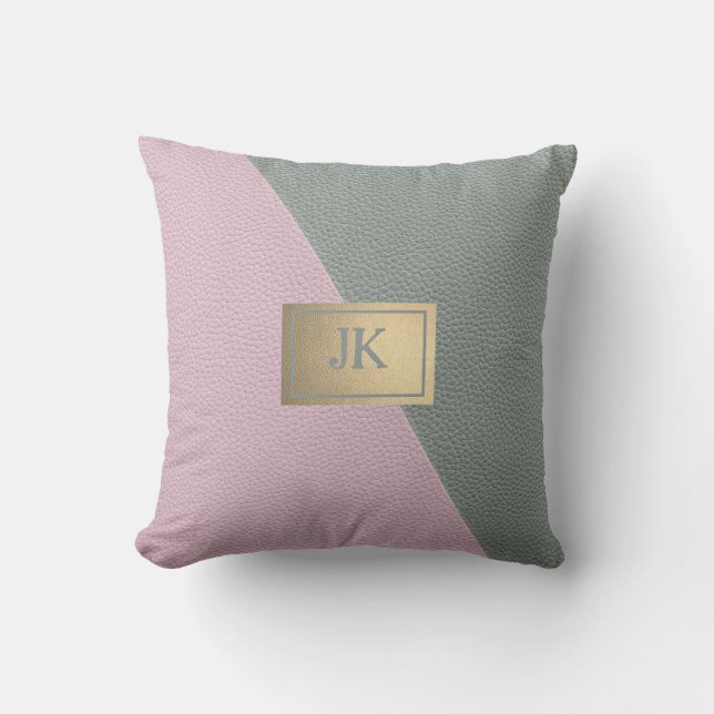 Elegant Green Pink Leather Monogram Kussen (Voorkant)