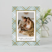 Elegant Green Plaid Familie Afbeelding Folie Feestdagenkaart (Staand Voorkant)