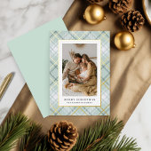 Elegant Green Plaid Familie Afbeelding Folie Feestdagenkaart