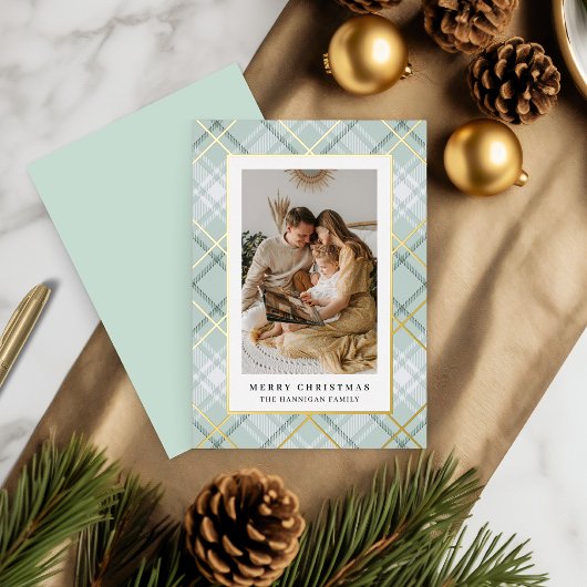Elegant Green Plaid Familie Afbeelding Folie Feestdagenkaart