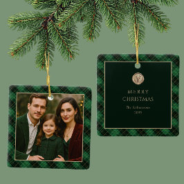 Elegant Green Plaid Personalized Photo  Keramisch Ornament
