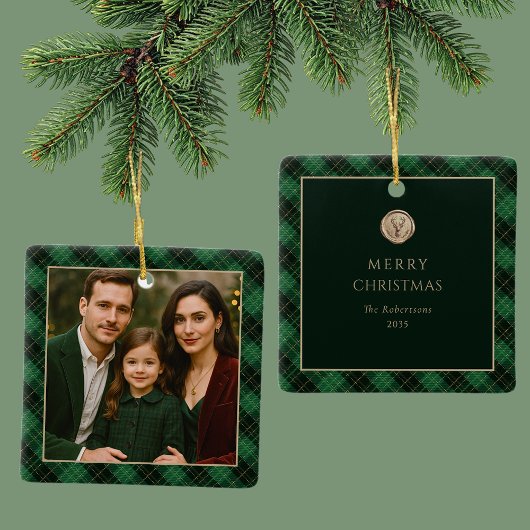 Elegant Green Plaid Personalized Photo Keramisch Ornament