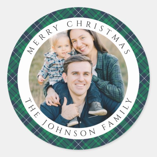 Elegant Green Plaid Photo Christmas Ronde Sticker (Voorkant)