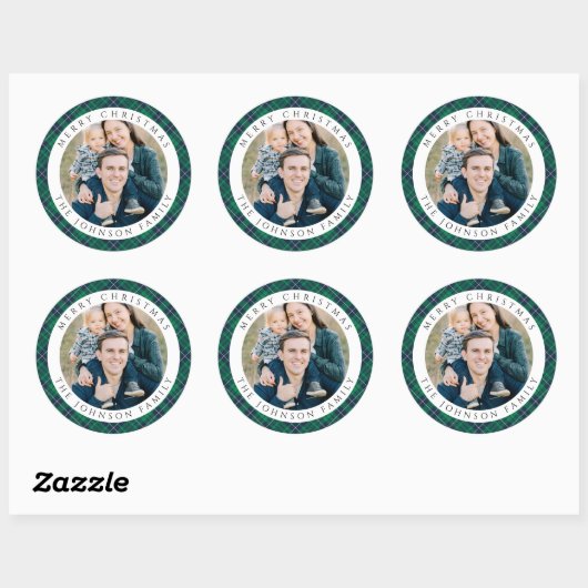 Elegant Green Plaid Photo Christmas Ronde Sticker (Vel)