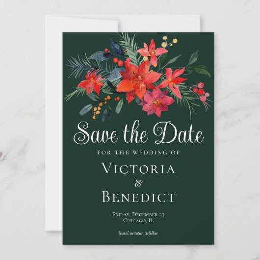 Elegant Green Red Floral kerstmis Save the Date Kaart (Voorkant)