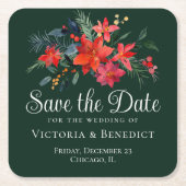 Elegant Green Red Floral kerstmis Save the Date Kartonnen Onderzetters (Voorkant)