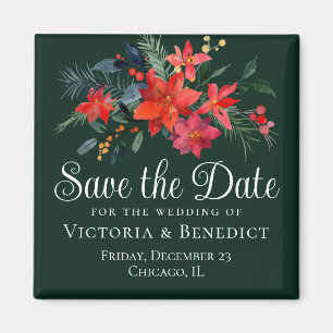 Elegant Green Red Floral kerstmis Save the Date Magneet