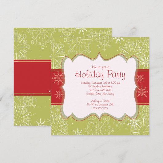 Elegant Green & Red Snowflakes Holiday Party Kaart (Voorkant / Achterkant)