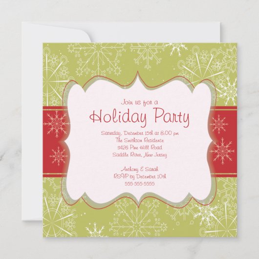 Elegant Green & Red Snowflakes Holiday Party Kaart (Voorkant)