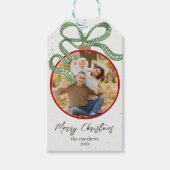 Elegant Green Ribbon Photo Christmas Cadeaulabel (Voorkant)