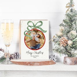 Elegant Green Ribbon Photo Christmas Card Feestdagen Kaart