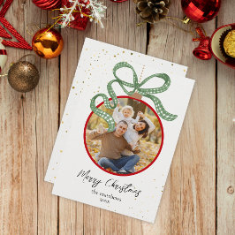 Elegant Green Ribbon Photo Christmas Card Feestdagenkaart