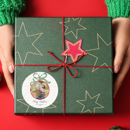 Elegant Green Ribbon Photo Christmas Ronde Sticker
