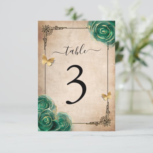 Elegant Green Roos Gold Black Table Number kaarten (Staand voorkant)