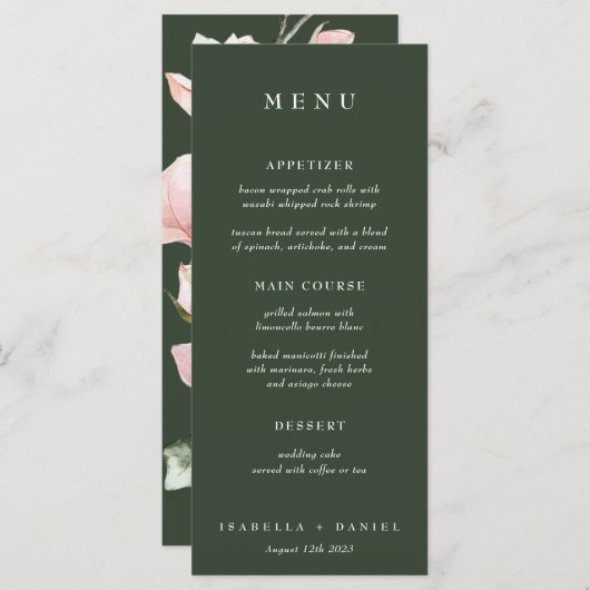 Elegant Green Roos Waterverf Magnolia Wedding Menu (Voorkant / Achterkant)