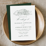 Elegant Green Rustic Barn Wedding Kaart<br><div class="desc">De bijtende trouwuitnodigingen met een groene geschetste illustratie van een schuur die bij de bovenkant van de uitnodiging op een witte achtergrond wordt getoond. De uitnodigingen van de barnbruiloft kenmerken elegante groene kalligrafie-elementen door het ontwerp. Pas de groene trouwuitnodigingen aan met je namen en trouwgegevens.</div>