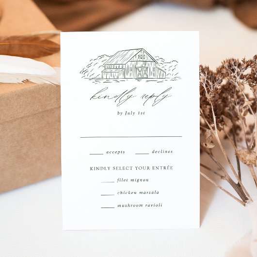 Elegant Green Rustic Barn Wedding Meal Choice RSVP Kaartje