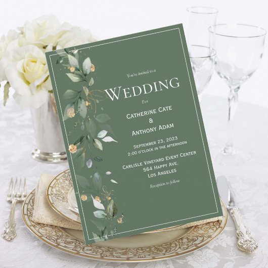 Elegant Green Rustic Eucalyptus Gold Wedding Kaart