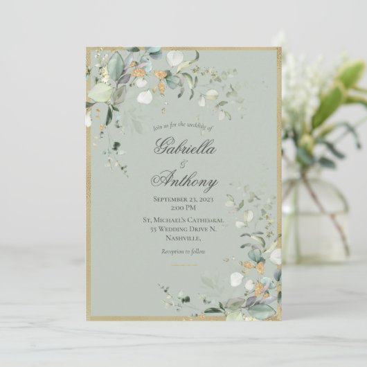 Elegant Green Rustic Leaves Greenery Gold Wedding Kaart (Staand voorkant)
