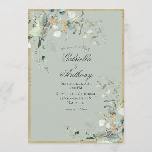 Elegant Green Rustic Leaves Greenery Gold Wedding Kaart (Voorkant)