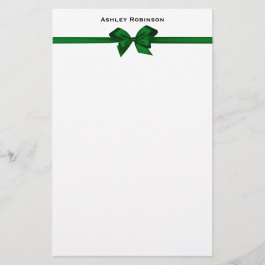 Elegant Green Satin Bow on White Briefpapier (Voorkant)