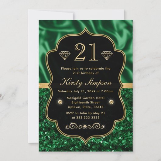 Elegant Green Satin & Glitter Gold Lijst Birthday Kaart (Voorkant)