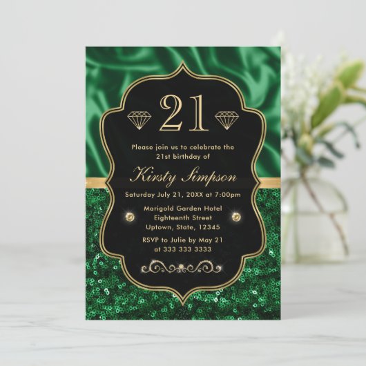 Elegant Green Satin & Glitter Gold Lijst Birthday Kaart (Staand voorkant)