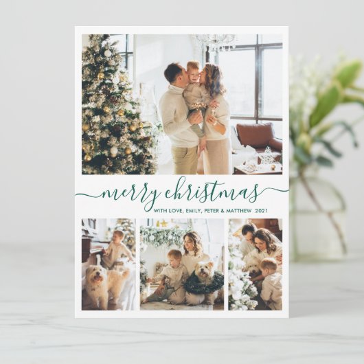 Elegant Green Script 4 Photo Collage Kerstmis Feestdagenkaart (Staand voorkant)