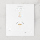 Elegant Green Script Cross First Holy Communion Plaatskaartje (Buitenkant ongevouwen)