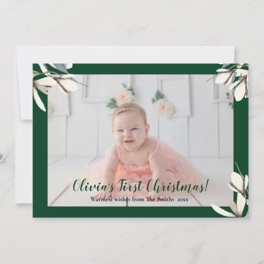 Elegant Green Script Magnolia Baby First Kerstmis Feestdagenkaart (Voorkant)