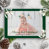 Elegant Green Script Magnolia Baby First Kerstmis Feestdagenkaart