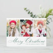 Elegant Green Script Merry Kerstmis 3 Foto Feestdagenkaart (Staand voorkant)