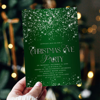 Elegant Green Silver Glitter Christmas Eve Party Kaart