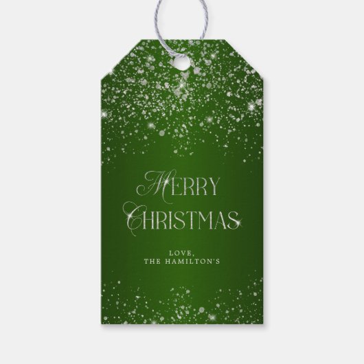 Elegant Green Silver Glitter Merry Kerstmis Cadeaulabel (Voorkant)