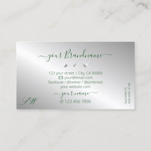 Elegant Green Silver Sparging Diamonds Initialen Visitekaartje (Achterkant)