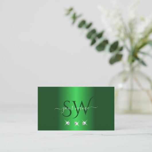 Elegant Green Silver Sparking Diamonds Monogram Visitekaartje (Staand voorkant)