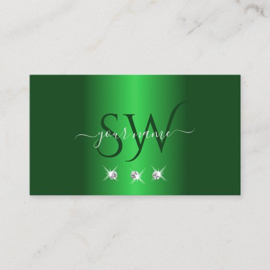 Elegant Green Silver Sparking Diamonds Monogram Visitekaartje (Voorkant)