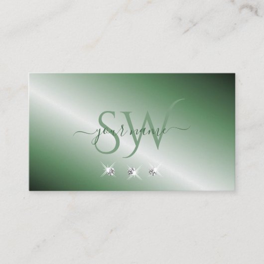 Elegant Green Silver Sparking Diamonds Monogram Visitekaartje (Voorkant)