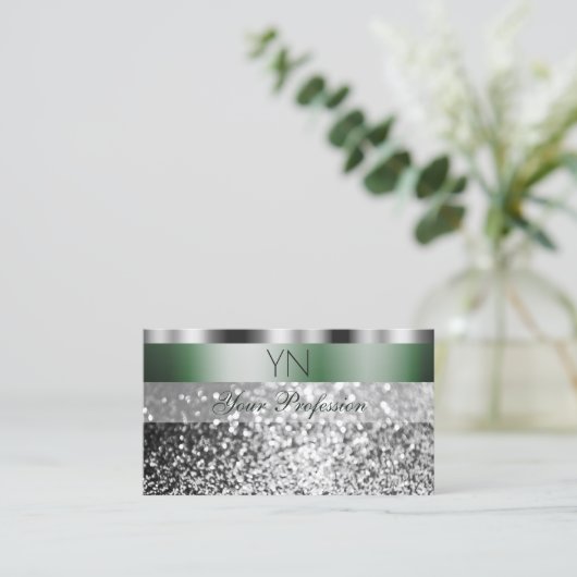 Elegant Green Silver Sparking Glitter Monogram Visitekaartje (Staand voorkant)