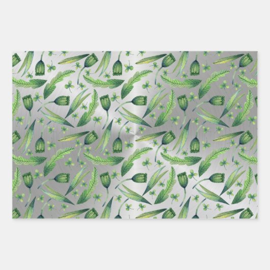 Elegant Green Silver Waterverf Floral Inpakpapier Vel (Voorkant)